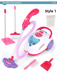 Detailed kids cleaning set with toy vacuum, broom, and dustpan in pink and purple