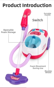 Close-up of kids vacuum cleaner toy with portable handle and power switch detail