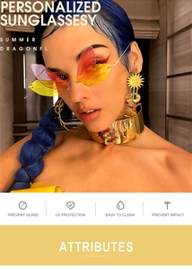 Detail view of dragonfly wing sunglasses with gradient orange lenses and gold accessories