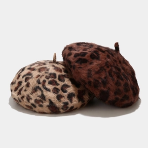 Stylish leopard print rabbit fur beret for women, plush warm winter painter hat