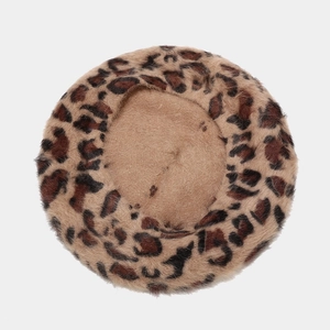 Top view of classic leopard print beret made of soft brown and black plush fur material