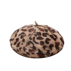 Fashionable leopard print rabbit fur beret hat for women with warm plush texture