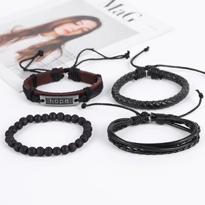 Lot de 4 bracelets en cuir tressé pour homme avec plaque Hope et perles mates noires