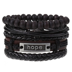 Bracelet Tressé en Cuir de Vachette Vintage Multicouche Perles en Bois Alliage Lettre Hope Pour Hommes Style Punk Bijoux