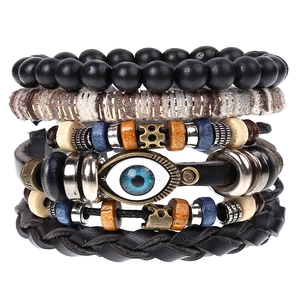 Groupe de Bracelets de Perles en Cuir Véritable Ethnique Vintage pour Hommes Femmes Mauvais Œil Corde à Main Boho Tissé Réglable