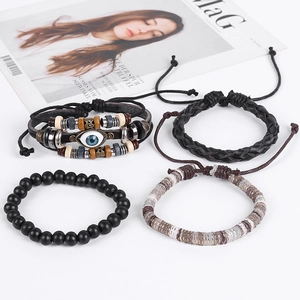 Ensemble de bracelets vintage en cuir ethnique avec perles tissées et breloque œil bleu