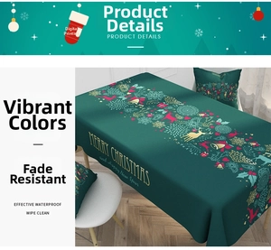 Close-up of waterproof Christmas tablecloth featuring reindeer and snowflakes pattern