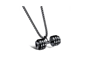 Detail view of a sleek black dumbbell pendant necklace made of durable stainless steel