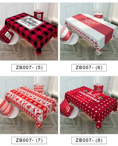 Various Nordic Christmas tablecloth patterns including red plaid and festive reindeer designs