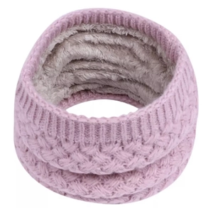 Close-up of pink cable knit neck warmer with thick warm plush lining for winter