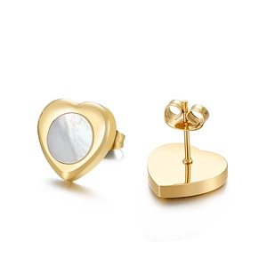 Elegant gold titanium heart earrings with shimmering white shell inlay for women