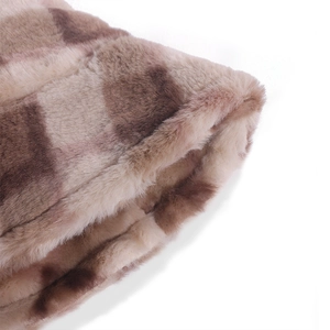 Macro view of the soft checkered faux fur plush material on a warm winter bucket hat