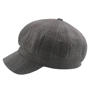 Classic grey plaid newsboy cap for women featuring retro british style wool blend fabric