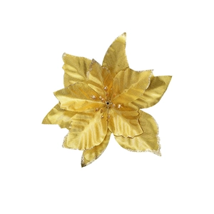 Close-up of golden artificial Christmas flower with glitter petals for tree decoration