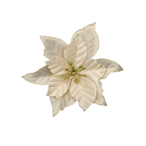 Detail of champagne gold artificial Christmas flower with glitter silk layered petals