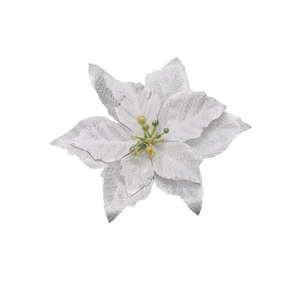 Detailed view of a silver artificial poinsettia flower with sparkling glitter texture