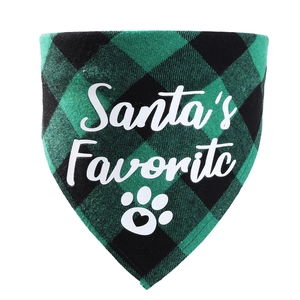 Detail of green buffalo check cotton pet bandana with Santa's Favorite text print