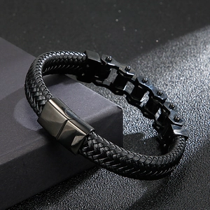 Mens woven black leather bracelet with geometric stainless steel magnetic clasp