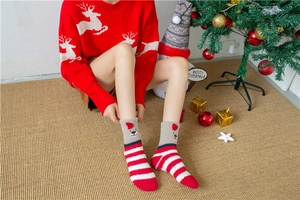 Close-up of cozy red and white striped coral fleece Christmas socks with cute bear detail
