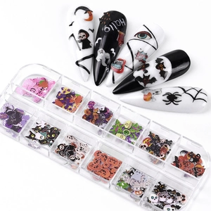 12-grid Halloween nail art wood pulp slices featuring pumpkins, ghosts and bats