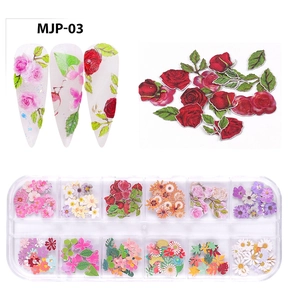 Detailed 12-grid storage box with diverse floral wood pulp nail art stickers and nail decals