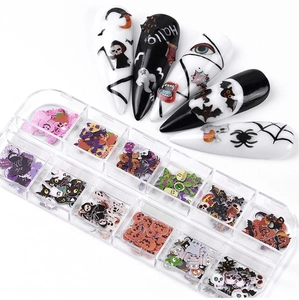 Macro view of 12-grid Halloween nail art wood pulp flakes with pumpkin and ghost motifs