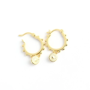 Minimalist S925 sterling silver gold hoops with radial pattern disc and small bead charms