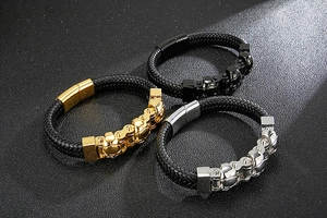 Three-color leather braid bracelets with stainless steel motorcycle chain design details