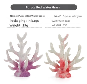 Detail view of purple and red artificial coral ornaments for aquarium landscaping