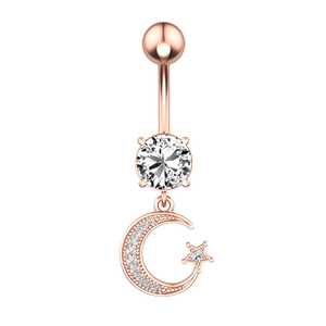 Rose gold moon and star belly button ring with sparkling zircon stones on white background