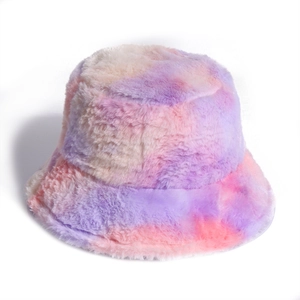 Bunter Damen Plüsch Fischerhut aus Kunstpelz mit rosa-violettem Batikmuster für Winter