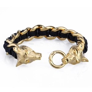 Men's double wolf head bracelet with black braided leather and gold steel finish