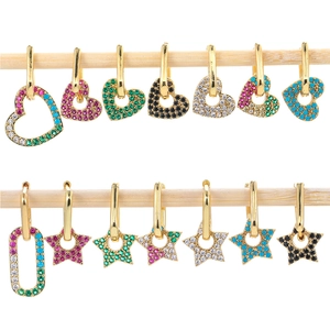 Gold-plated geometric earrings with colorful zircons in heart star and lock shapes