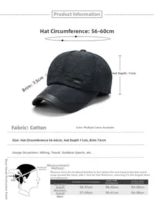 Size chart for quilted winter baseball cap with measurements and sport label detail