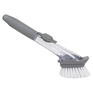 Kitchen dish brush with long handle and built-in liquid soap dispenser in gray and white