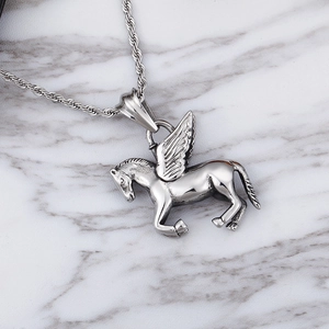 Silver stainless steel winged horse pendant necklace with textured twist chain for men
