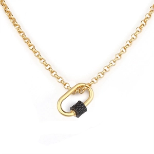 Gold chain necklace featuring a modern industrial carabiner clasp with black textured inlay