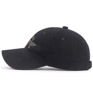 Black cotton camo baseball cap featuring gold naval embroidery and military wing emblem