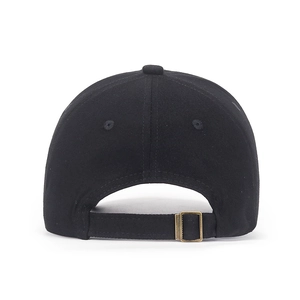 Rear view of black cotton camouflage baseball cap with adjustable metal buckle strap