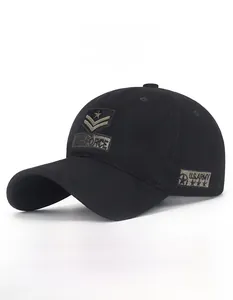 Detailed close-up of tactical baseball caps with Air Force and Army military embroidery