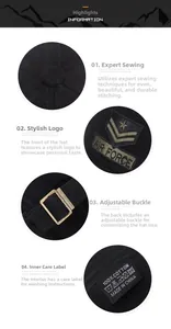 Detailed views of AIR FORCE embroidery, metal buckle, and cotton stitching on black baseball cap