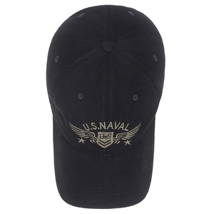 Black cotton baseball cap with U.S. NAVAL military embroidery and a structured crown