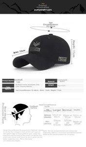 Detailed size chart for cotton baseball cap including head circumference and brim measurements