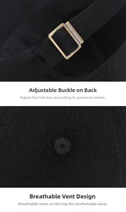 Detail of adjustable metal buckle and embroidered eyelets on black cotton baseball cap