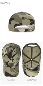 Detailed views of camouflage cotton baseball cap showing back buckle and inner structure