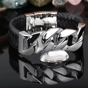 Men's braided black leather bracelet with silver stainless steel Cuban chain link