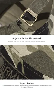 Detail of adjustable metal buckle and ARMY embroidery on camouflage cotton military cap