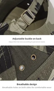 Detail of metal back buckle and breathable air eyelet on camouflage flat top cap