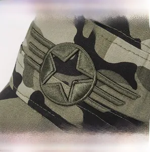 Close-up of star and wings embroidery on camouflage cotton military flat top hat