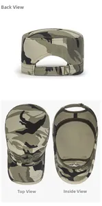 Detail of camouflage military flat top cap with metal buckle, top view and interior